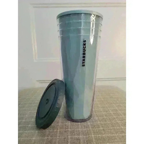 Starbucks plastic Tumbler 24 oz  clear with Teal Geometric lining  Insulated. - Picture 1 of 3